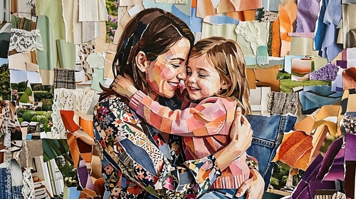 Artistic paper collage of a mother hugging her young daughter