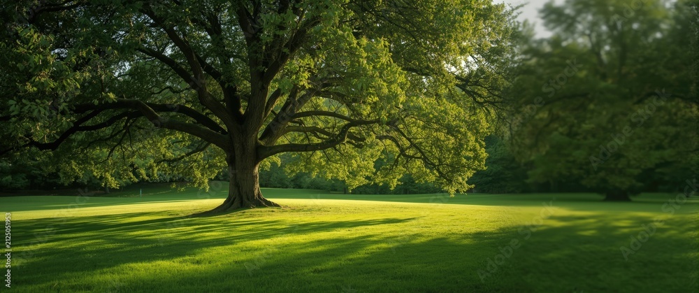 Obraz premium Lush Green Oak Tree Standing in Sunlit Meadow with Soft Shadows
