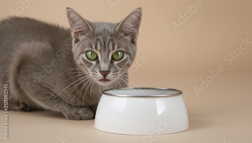 Gray Cat Looking at Empty Food Bowl on Neutral Background