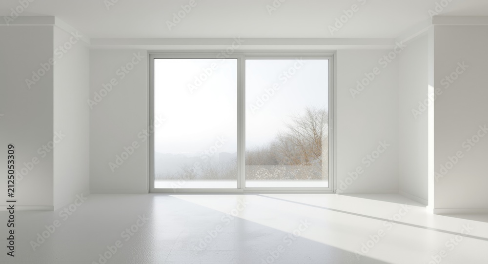 Fototapeta premium Minimalistic Interior Room with Large Windows and Soft Natural Light