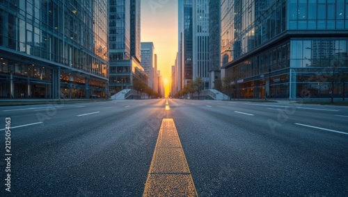 City Street at Sunset with Skyscrapers Reflecting Warm Light