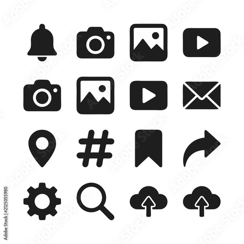 A vibrant collection of photography and digital icons representing various multimedia, communication, navigation, and technical functions designed for creative interface projects and user