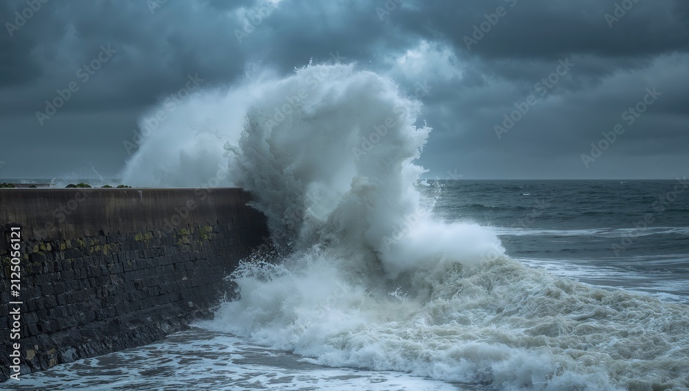 Obraz premium Crashing Ocean Waves Against Stone Pier Under Dramatic Cloudy Sky