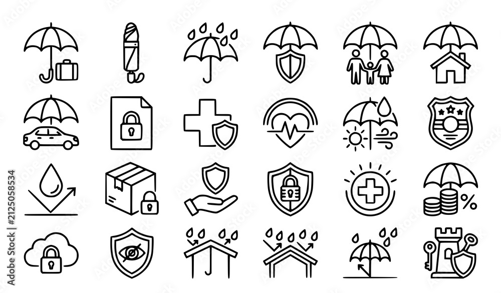 Fototapeta premium Set of hand drawn insurance and protection icons featuring umbrellas shields locks and security symbols on white background