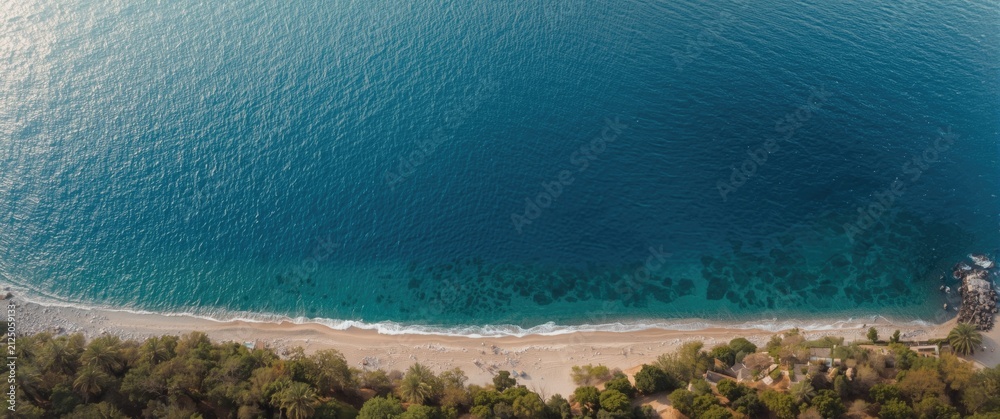 Fototapeta premium Aerial View of Tranquil Beach with Clear Blue Water and Lush Greenery