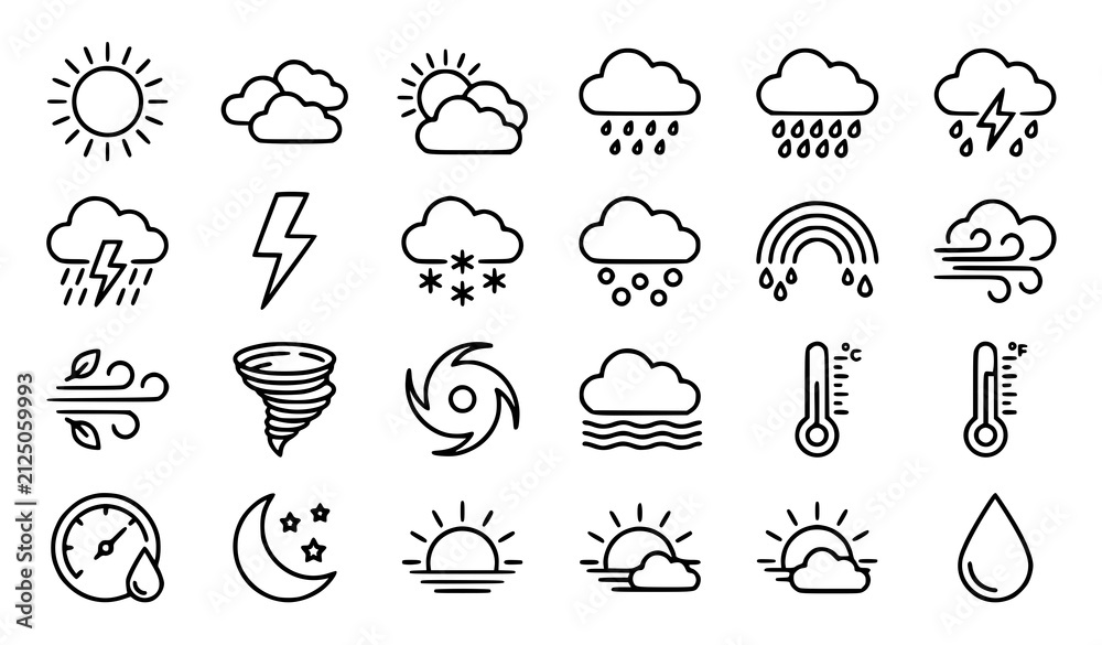 Fototapeta premium Set of hand drawn weather icons featuring sun clouds rain storm wind and temperature symbols for design