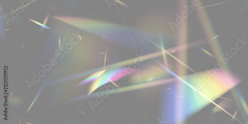 Multicolored light beams and prism reflections scattered against a dark background on transparent background