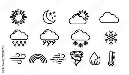 Foto Set of hand drawn weather icons featuring sun moon clouds rain snow wind and oth