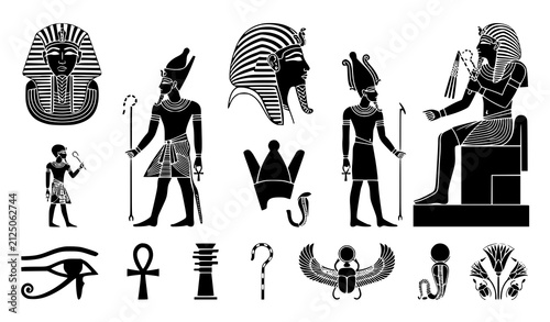 Foto Set of ancient egyptian pharaohs gods and traditional symbols in black and white