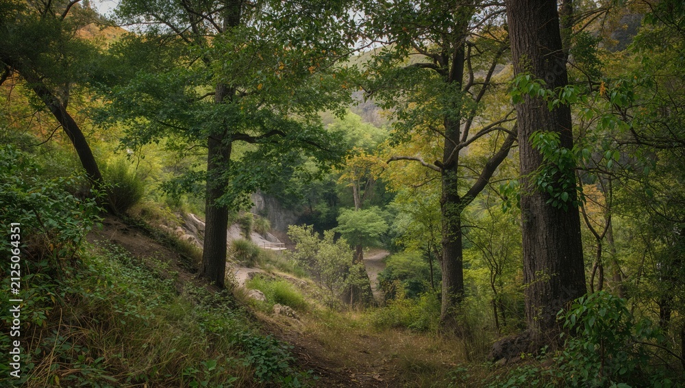 Obraz premium Lush Green Forest Path Leading to a Hidden Stream in Autumn Light