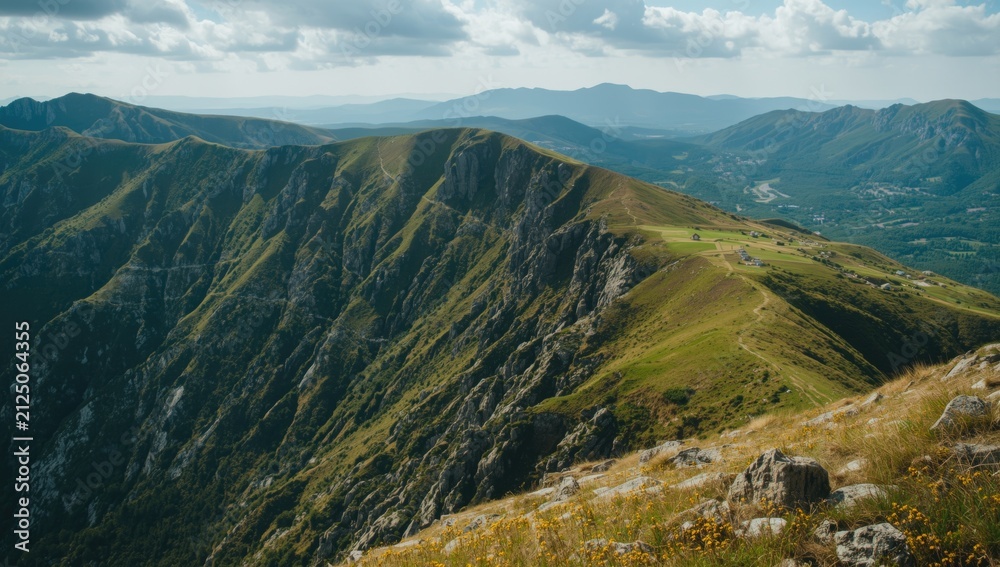 Fototapeta premium Mountain Ridge Overlooking a Valley Under Partly Cloudy Sky