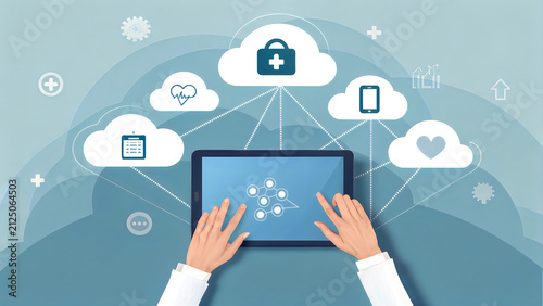 Modern digital healthcare interface accessed through a tablet device
