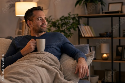 Man Relaxing on Sofa with Warm Evening Drink