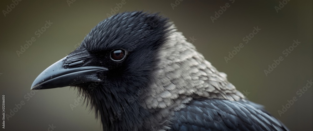 Naklejka premium Closeup of a Raven with Dark Feathers and Sharp Beak against a Soft Background