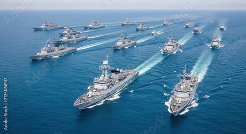 Fleet of Modern Naval Ships Sailing on the Ocean
