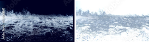 Cinematic ocean waves at night and day, dramatic crashing surf with white foam, blue water texture background for marine and coastal designs