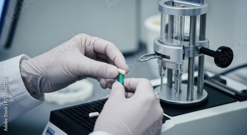 Gloves holding pharmaceutical capsule in laboratory
