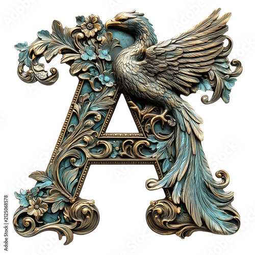 Ornate Letter A with Eagle and Floral Decoration