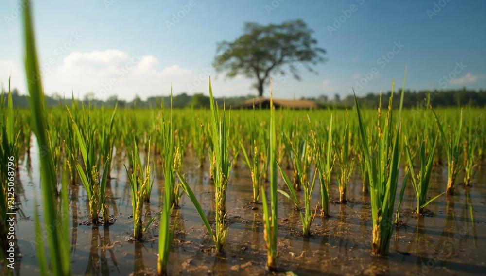 Fototapeta premium Green Rice Seedlings Growing in a Flooded Field Under Sunny Sky