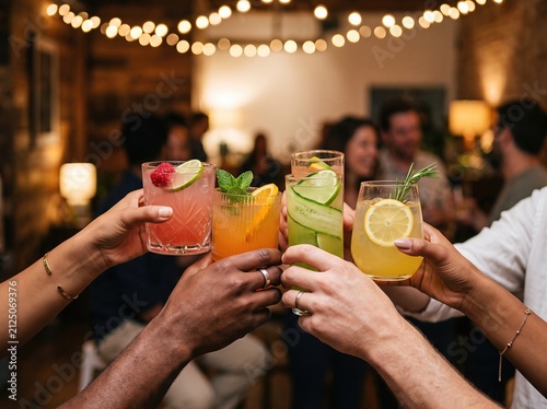 Friends raising colorful mocktails at a casual gathering