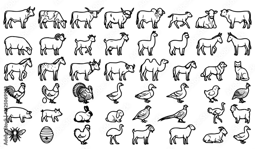 Obraz premium Premium Farm Animals Livestock and Poultry Outline Icons Mega Collection Vector Set