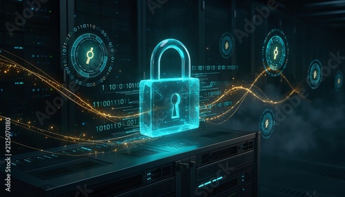A glowing digital padlock floats above server racks in a dark data center. This conceptual image, featuring no people, evokes cybersecurity, privacy, and advanced protection of confidential data.