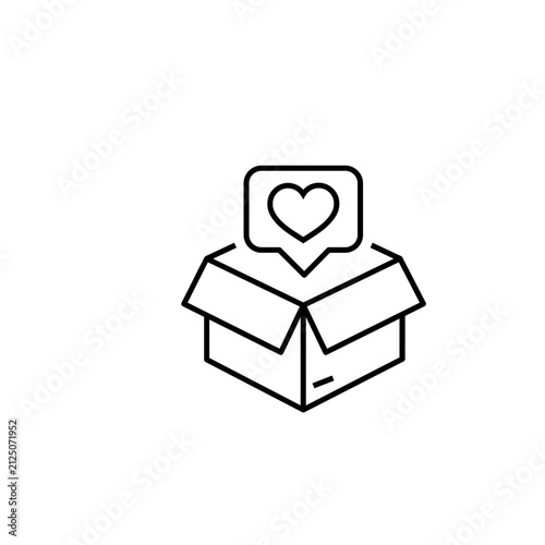 Outline open box icon with heart notification representing customer satisfaction, product delivery, unboxing, favorite item, online shopping, and positive feedback. Editable stroke vector isolated on 