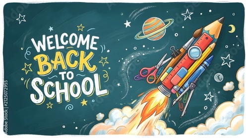 Colorful hand drawn illustration featuring a rocket ship flying through space with the text welcome back to school for educational classroom decoration
