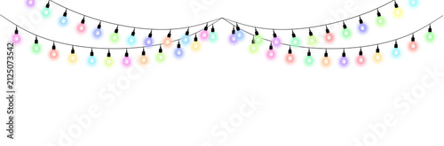Quadro su tela Colorful festive marquee string lights hanging against white background with glo
