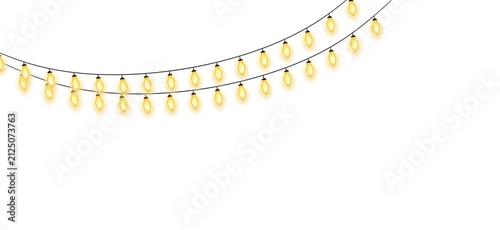 Obraz na plátne Glowing yellow string lights hanging on black wire against white background with