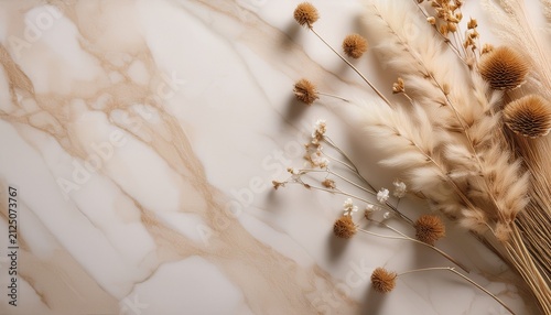 neutral beige marble background with dried flowers and soft natural copy space