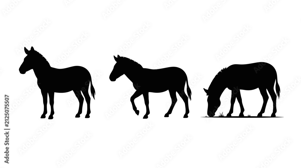 Obraz premium Set of Three Zebra Silhouettes in Different Poses Including Standing Walking and Grazing Poses