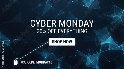 Cyber Monday Cyber Monday online shopping banner with network connectivity background 30 percent off discount code and call to action button