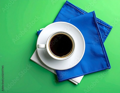 Coffee Cup with Blue Napkin on Green Background