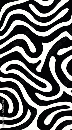 Black and white abstract swirl pattern with wavy line texture, psychedelic optical background for modern design