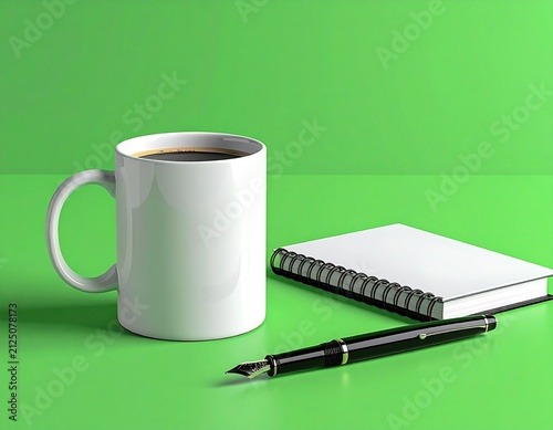 Coffee Mug, Notebook, and Fountain Pen on Green Background