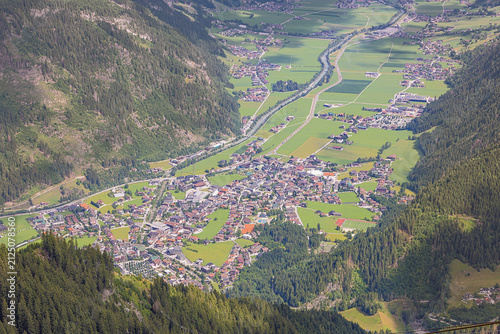 Close up of Mayrhofen and Burgstall in the Zillertal, seen from the top of the Ahorn ropeway