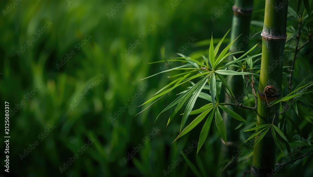 Obraz premium Bamboo Stalks with Lush Green Leaves in a Soft Focus Background