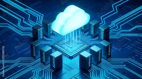 Futuristic Cloud Computing Infrastructure with Digital Data Center, Secure Cloud Storage, AI Network, Server Technology, Big Data Processing and Enterprise Cloud Computing Concept