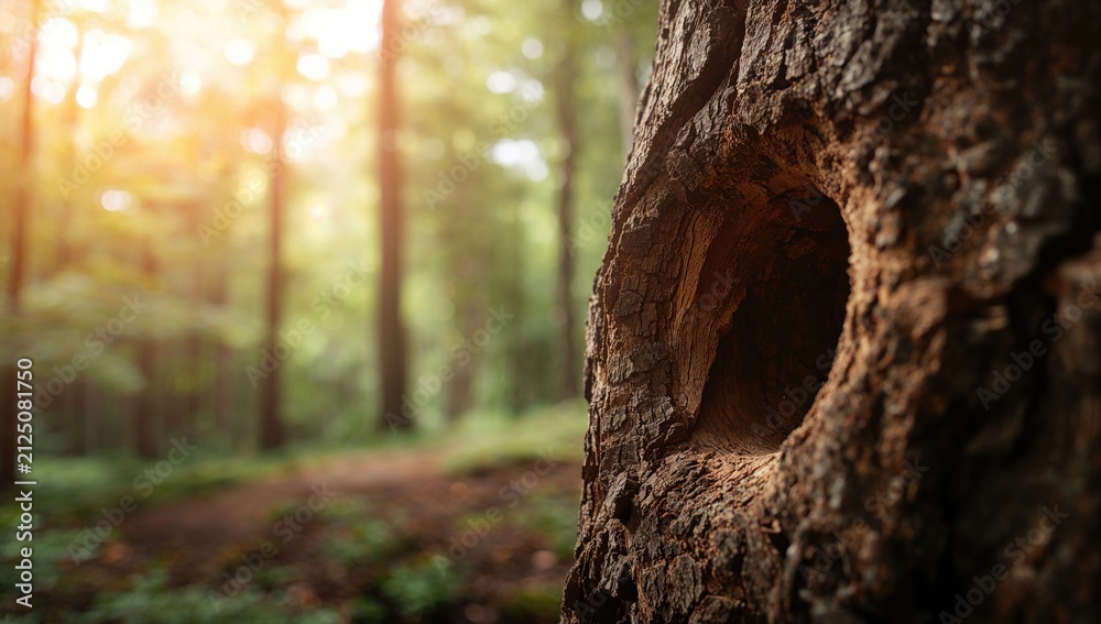 Fototapeta premium Closeup of a Tree Trunk with a Hollow in a Sunlit Forest at Sunset