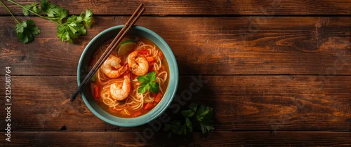 Panel kuchenny z motywem Shrimp Noodle Soup with Fresh Herbs in a Bowl on Rustic Wooden Table