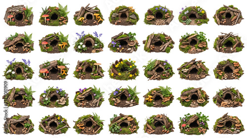 Fotografie Whimsical fairy houses collection, 35 miniature mossy forest dwellings with mush
