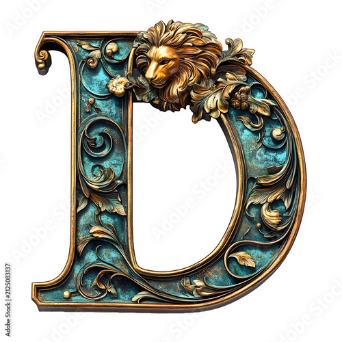 Ornate Letter D with Golden Lion and Floral Decoration