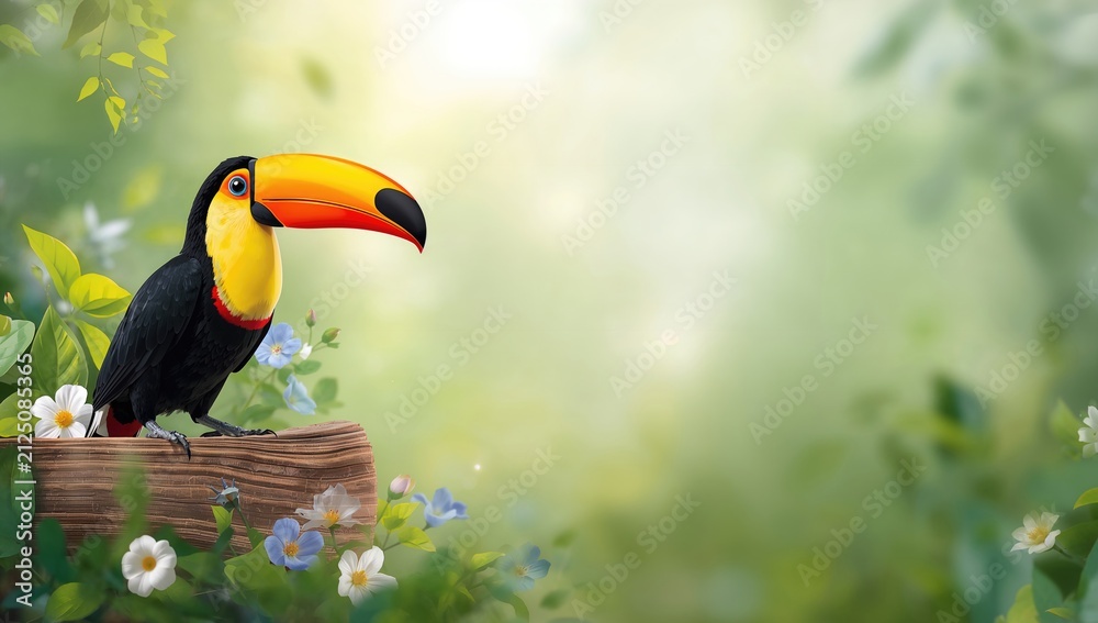 Obraz premium Toucan Sitting on a Log Surrounded by Colorful Flowers in a Lush Green Background