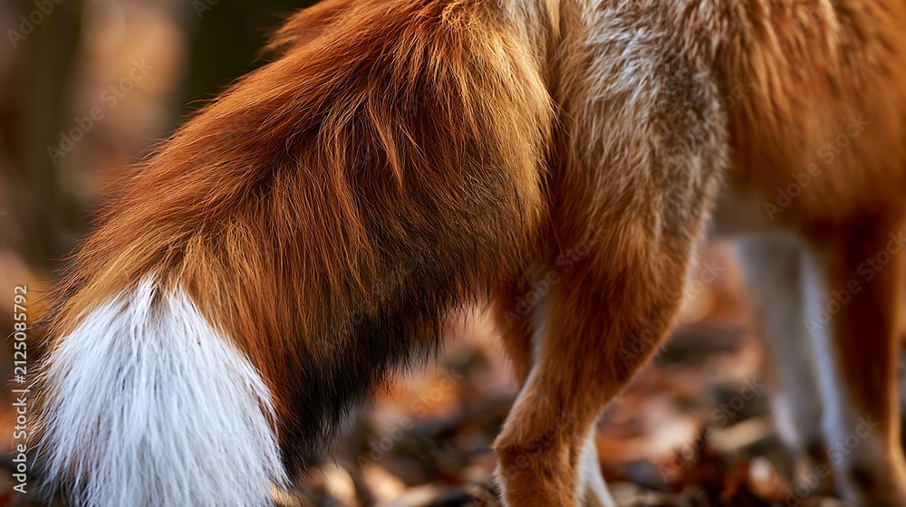 Fototapeta premium Close up of a red fox with a fluffy white tipped tail in autumn forest.