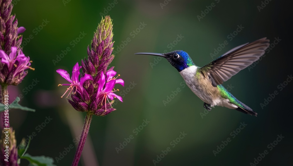 Obraz premium Colorful Hummingbird Hovering Near Pink Flowers in a Lush Garden