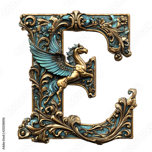 Ornate Letter E with Golden Pegasus and Floral Decoration