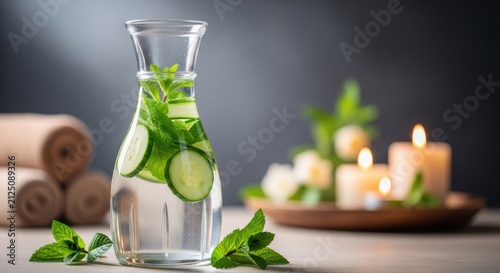 A refreshing carafe filled with hydrating cucumber slices and fragrant peppermint leaves sits beside warm glowing candles creating a serene atmosphere perfect for holistic relaxation