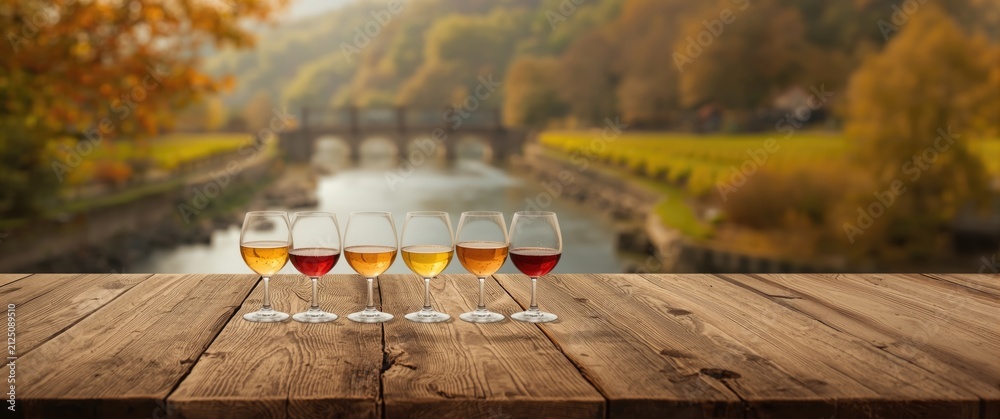 Obraz premium Glasses of Wine Arranged on a Wooden Table with Autumn Landscape Background