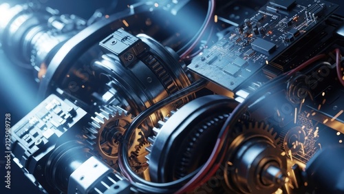 Obraz na płótnie High-tech mechanical engine parts with integrated electronic circuit boards.
